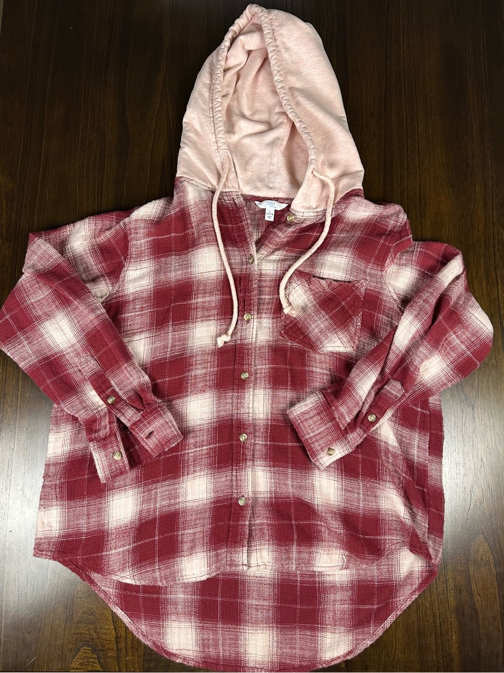 Time and Tru Pink and Burgundy Plaid Hooded Button-Up